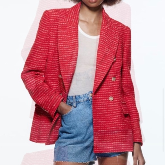 Red, textured double breasted blazer from Zara - NWT - Picture 3 of 14